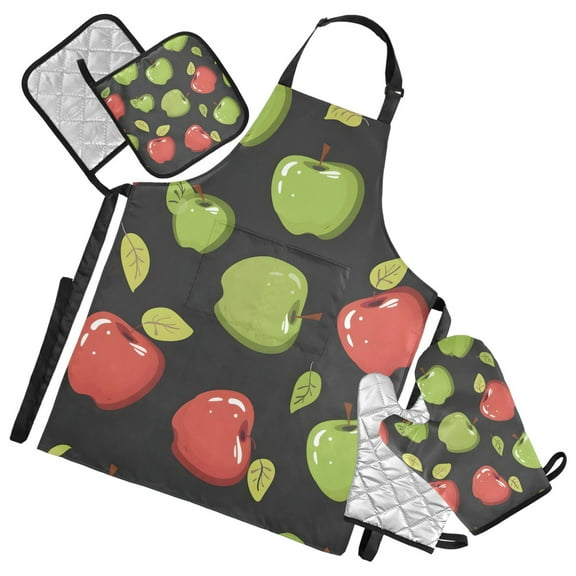 Apples in Red and Green Leaves Apron Set with Oven Mitts Pot Holders Set of 5 Kitchen Stuff Accessories