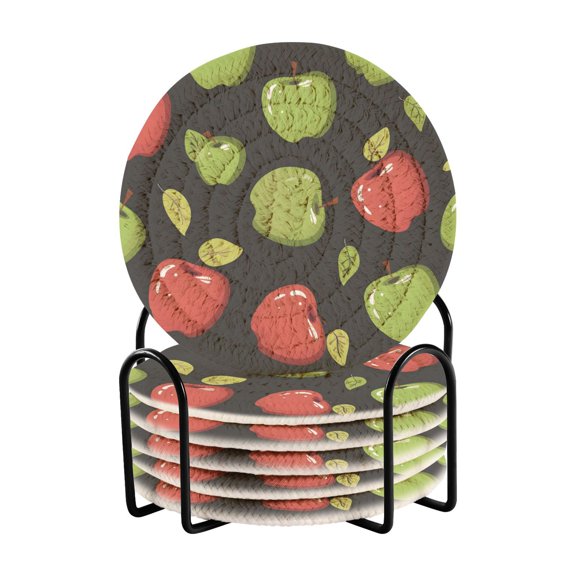 Apples in Red and Green Leaves Drinking Coasters Cup Mat with Holder for Kitchen Cafe Bar 6 Packs