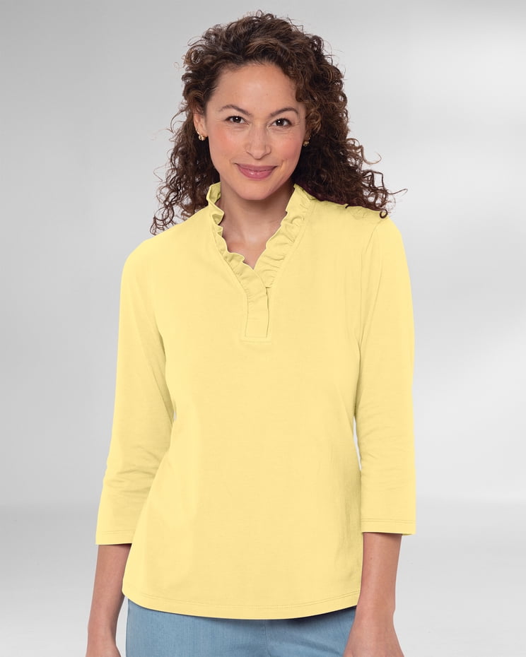 Appleseeds Prima™ Cotton ThreeQuarter Sleeve Solid RuffleNeck Tee