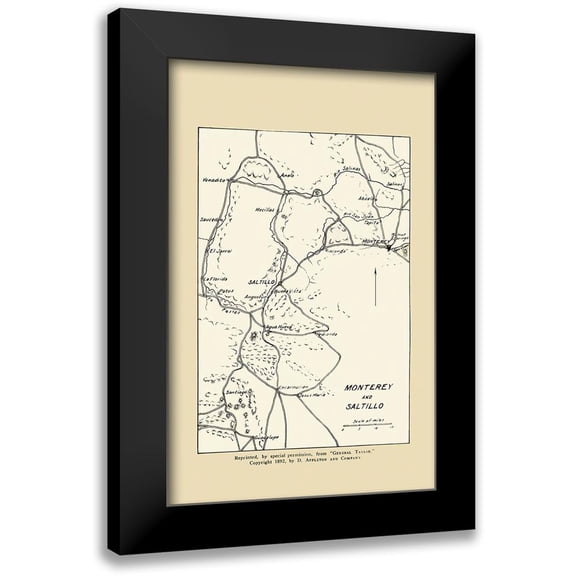 Appleton 10x14 Black Modern Framed Museum Art Print Titled - Monterey and Saltillo Map From Gen.Taylor 1892
