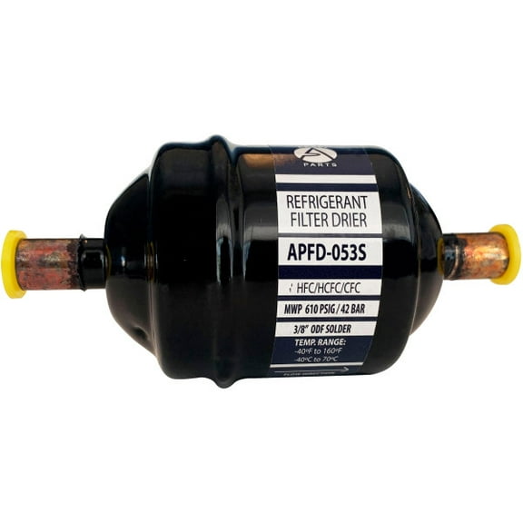 Appli Parts APFD-053S 3/8 in Liquid Line Refrigerant AC Filter Drier hvac Refrigeration 053S ODF Sweat Solder connection universal unidirectional 4-1/2 in long 2 in wide