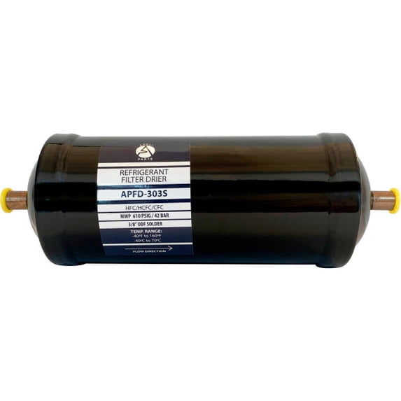 Appli Parts APFD-303S 3/8 in Liquid Line Refrigerant AC Filter Drier hvac Refrigeration 303S ODF Sweat Solder connection universal unidirectional 9 in long 3in wide