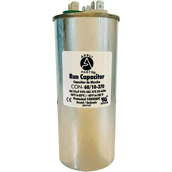Appli Parts Dual Run Capacitor for ac 60+10 Mfd uF (microfarads) 370VAC CBB65 Round Universal fit for hvac and other applications 2-1/4 in Wide 5-1/2 in Height CON-60/10-370-R