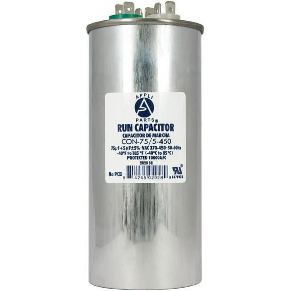 Appli Parts Dual Run Capacitor for ac 75+5 Mfd uF (microfarads) 370VAC or 450VAC CBB65 Round Universal fit for hvac and other applications 5-5/8 in High 2-1/4 in Wide CON-75/5-450