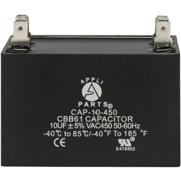 Appli Parts Fan Capacitor 10 mfd (microfarads) uf 450 VAC 4 Terminal Connections compatible with any brand within the same range of capacitance 2-1/4in Width 7/8in Depth 1-7/8in Height CAP-10-450