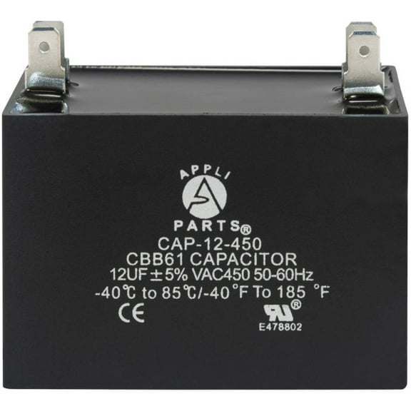 Appli Parts Fan Capacitor 12 mfd (microfarads) uf 450 VAC 4 Terminal Connections compatible with any brand within the same range of capacitance 2-1/4in Width 1-1/8in Depth 2in Height CAP-12-450