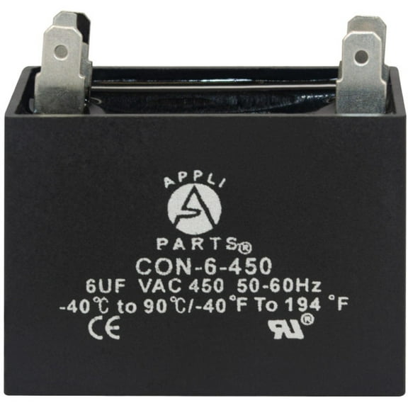 Appli Parts Fan Capacitor 6 mfd (microfarads) uf 450 VAC 4 Terminal Connections compatible with any brand within the same range of capacitance 1-7/8in Width 7/8in Depth 1-3/4in Height CAP-6-450