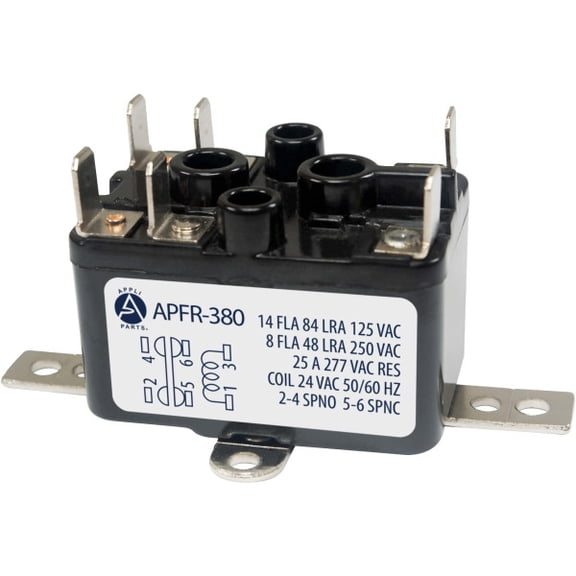 Appli Parts APFR-380 Dry Contact Relay NO and NC, 25 A, 90-380 V, 24 V Coil, Connection Points 1-3 Coil, 2-4 NO, 5-6 NC. Uses: Damper Control, Valves, Reversing, Air Conditioning and More.