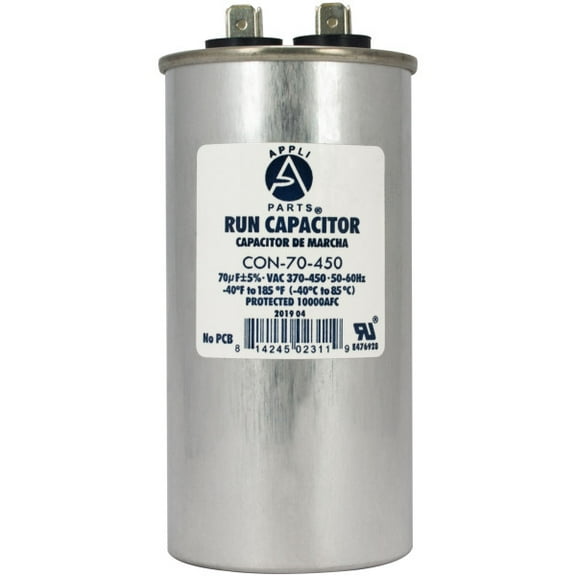 Appli Parts Run Capacitor for ac 70 Mfd uF (microfarads) 370 VAC or 450 VAC CBB65 Round Universal fit for hvac and other applications 4-3/4 in High 2 in Wide CON-70-450