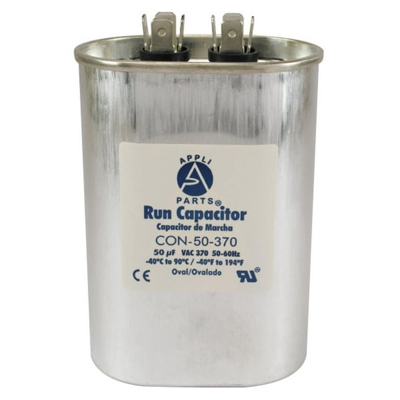 Appli Parts Run Capacitor for ac 50 Mfd uF (microfarads) 370VAC CBB65 Oval Universal fit for hvac and other applications in High in Wide CON-50-370