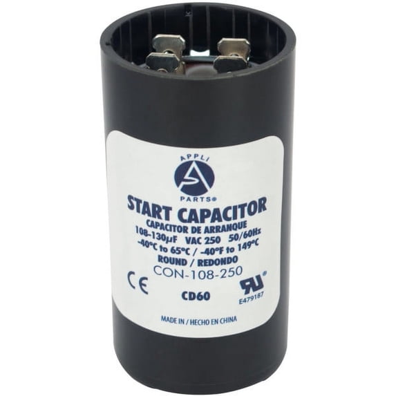 Appli Parts motor start capacitor 108-130 Mfd (microfarads) uF 250 VAC universal fit for electric motor applications 1-7/16 in Diameter 2-3/4 in Height CON-108-250