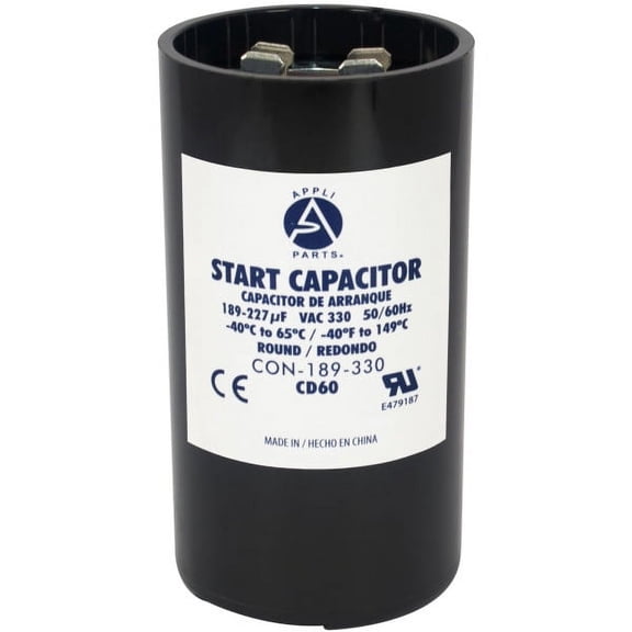 Appli Parts CON-189-330 Motor Start Capacitor 189-227 MFD uF, 330 VAC. Universal for Electric Motor Applications, 1.75 in Wide, 3.38 in Height