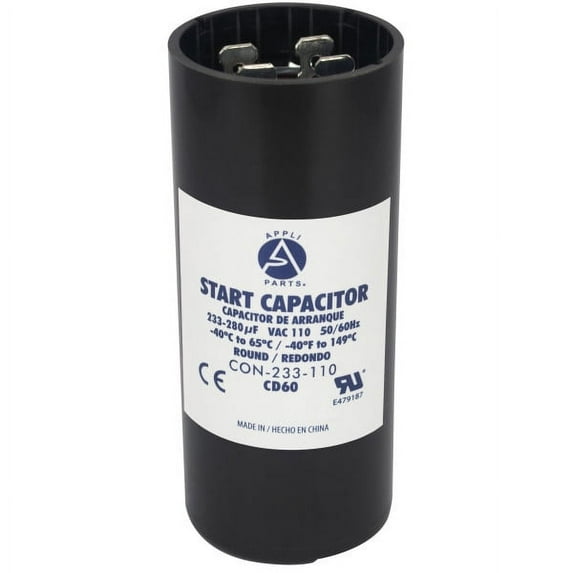 Appli Parts motor start capacitor 233-280 Mfd (microfarads) uF 110-125 VAC universal fit for electric motor applications 1-7/16 in Wide 3-3/8 in Height CON-233-110