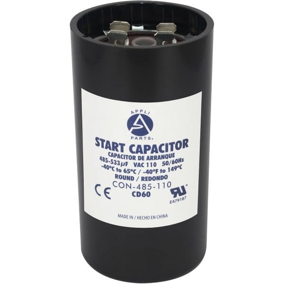 Appli Parts CON-485-110 Motor Start Capacitor 485-533 MFD uF, 110-125 VAC. Universal for Electric Motor Applications, 1.75 in Wide, 3.38 in Height