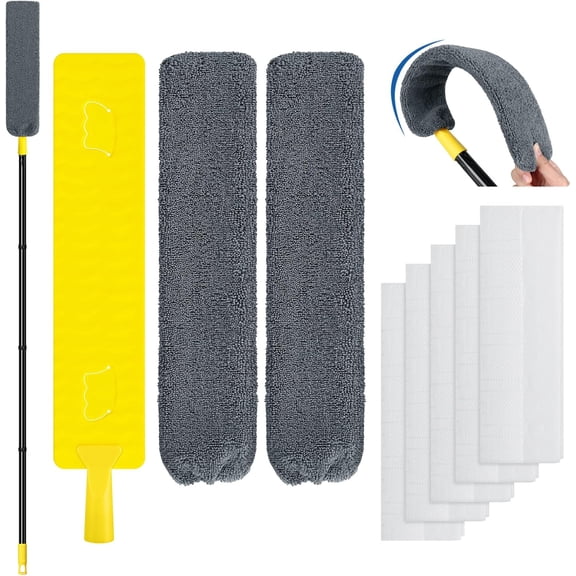 Under Appliance Cleaning Tool with Long Handle, 2 Reusable Microfiber Pads, 5 Disposable Dusting Cloths, Retractable Flat Gap Duster (30-63) for Behind Fridge, Washer, Bed, Furniture