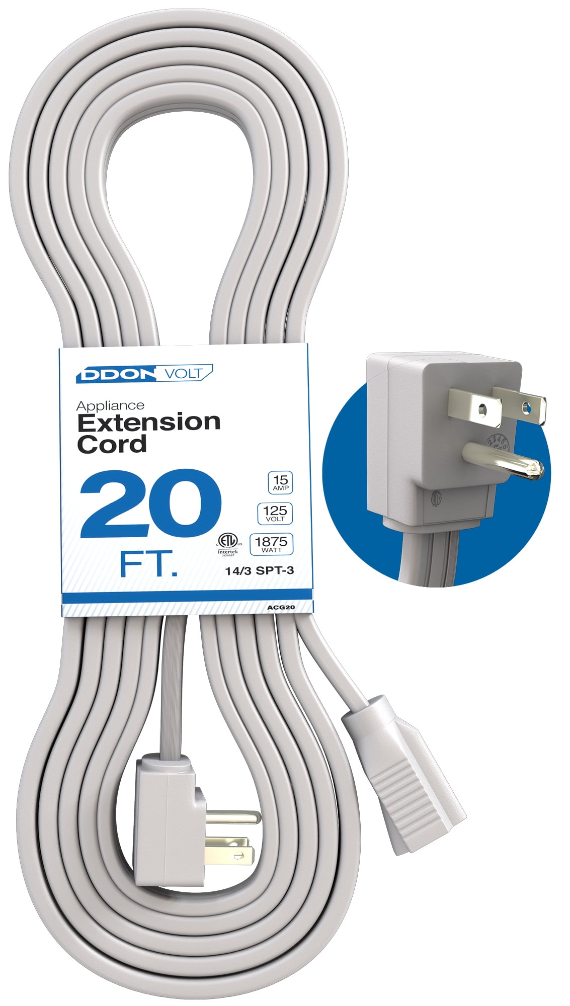 Appliance Extension Cord - 20ft Heavy Duty Extension Wire for Air Conditioner, Refrigerator & All Major Appliances - 14 Gauge High Voltage 3 Prong Flat-End Appliance Cord for Indoor Power by DDON USA