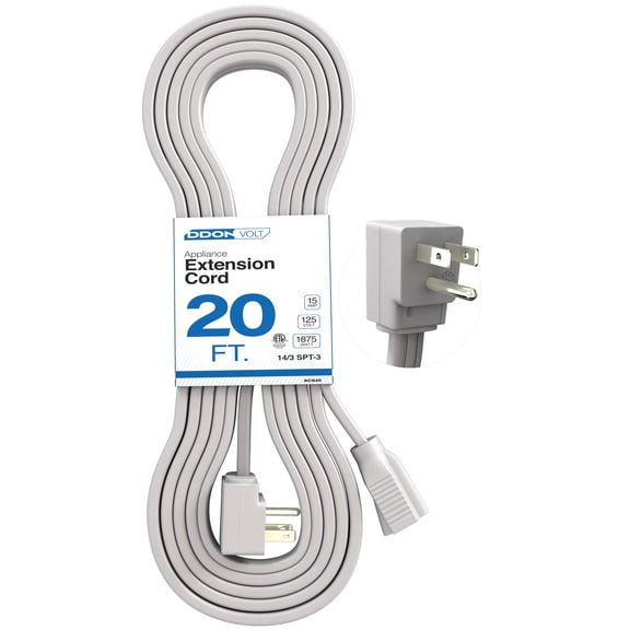 Appliance Extension Cord - 20ft Heavy Duty Gray Extension Wire for Air Conditioner, Refrigerator, & All Major Appliances - 14 Gauge High Voltage 3 Prong Flat-End Appliance Cord, for Indoor use