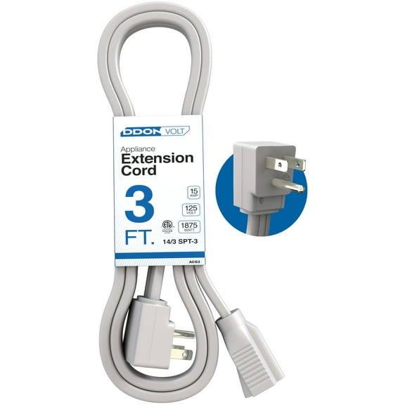 Appliance Extension Cord - 3ft Heavy Duty Extension Wire for Air Conditioner, Refrigerator, & All Major Appliances - 14 Gauge High Voltage 3 Prong Flat-End Appliance Cord for Indoor Power by DDON USA