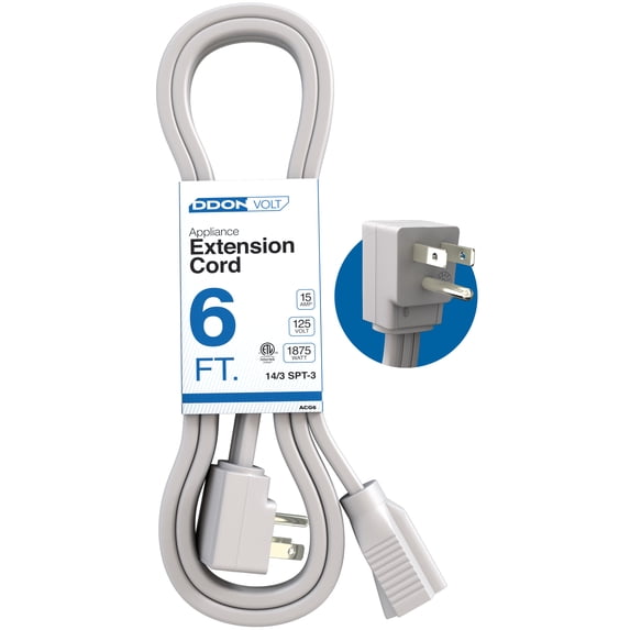DDON USA 6 ft appliance extension cord, 14 gauge 3 prong flat end wire for indoor power