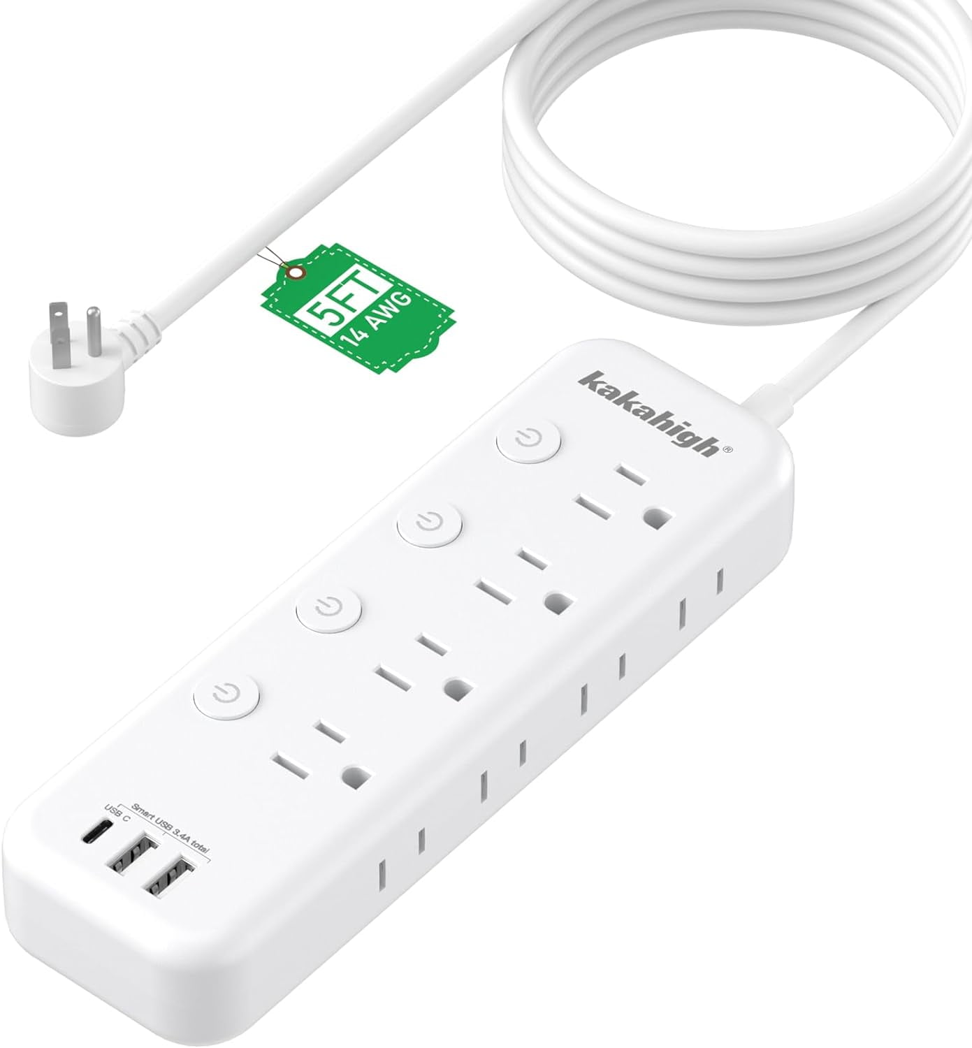 Appliance Extension Cord with Individual Switches on Off - 5 FT, 1875W Heavy Duty Extension Cord with USB Ports, 8 outlets, Circuit Breaker for Microwave, Aquarium, Kitchen, Garage, ETL Listed