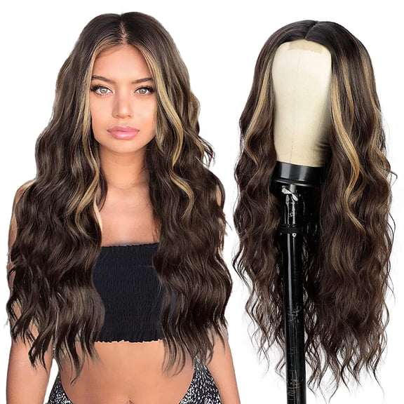 Applicable and Compatible with Xuchang European and American Style Women's Lace Front Wig Middle Part Small Lace Highlight Long Curly Hair Synthetic Wig Export Wigs