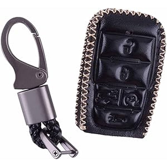 Applicable to jfqm 5 Buttons Car Remote Smart Key Cover Case Holder Black Leather Fit for . RAM 1500 2019 2020 2021 Key Shells