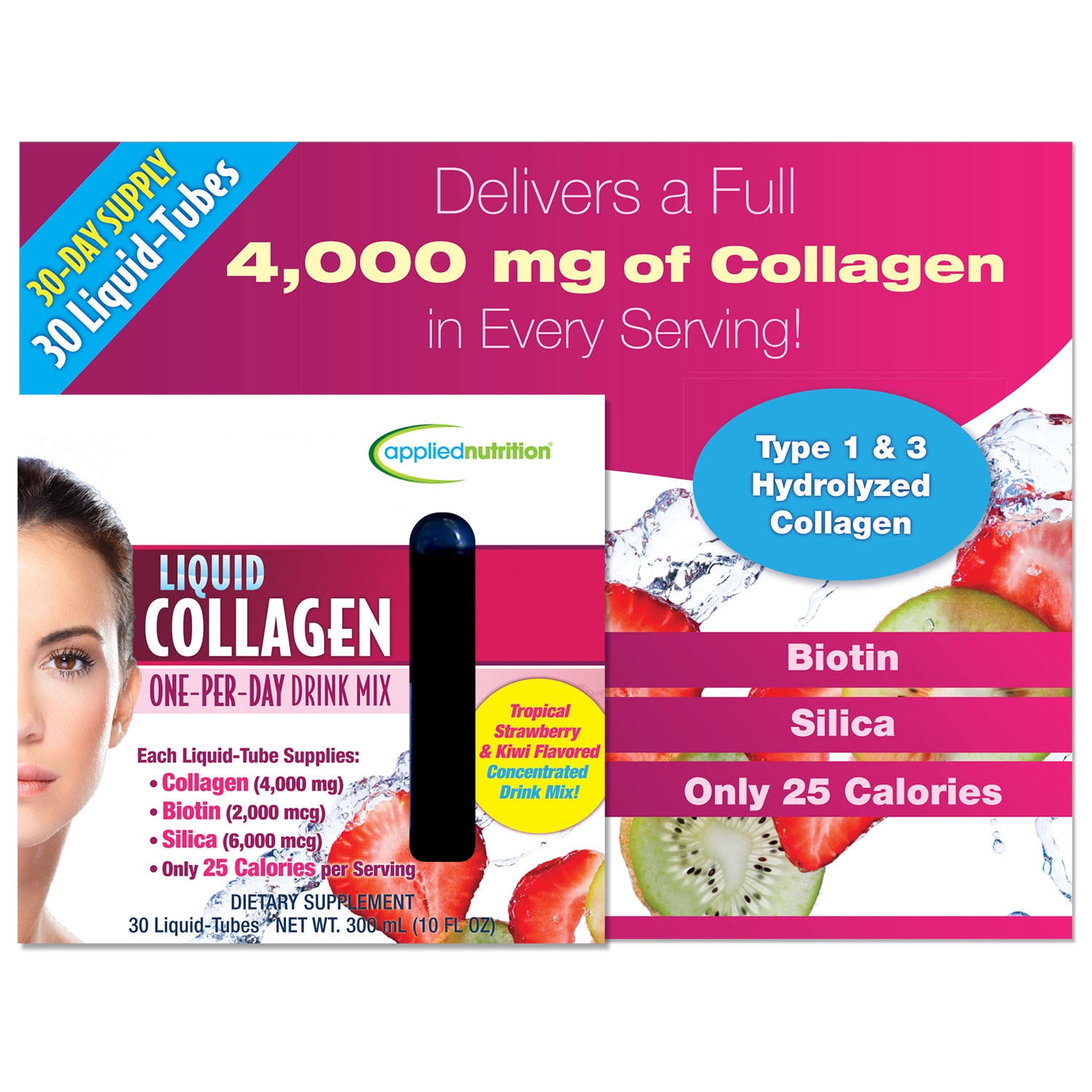 Applied Nutrition Liquid Collagen Drink Mix Tubes, 4000 Mg, 30 Ct