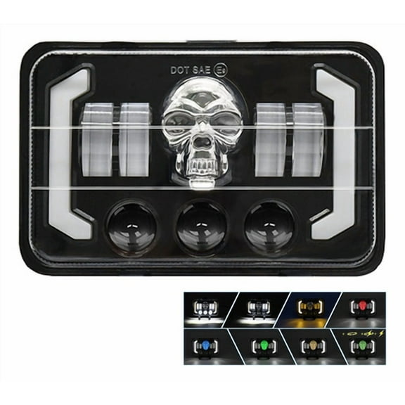 Applies to Led Headlight Magnifying Glass 4x6 Square RGB Skull, Hi/Lo Light