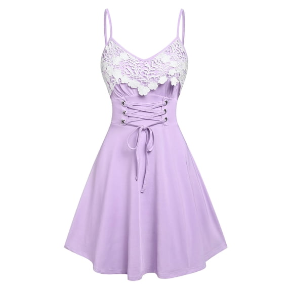Appliqué Lace Up Flare Camisole Dress A Line High Waist Camisole Mini Bustier Bustier Dress Sleeveless Women Girls Robe-Light Purple1001-M