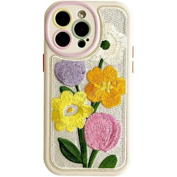 Applique Embroidery Bloom Colorful Flower Soft Phone Case Compatible with iPhone Case (White,iPhone 12)