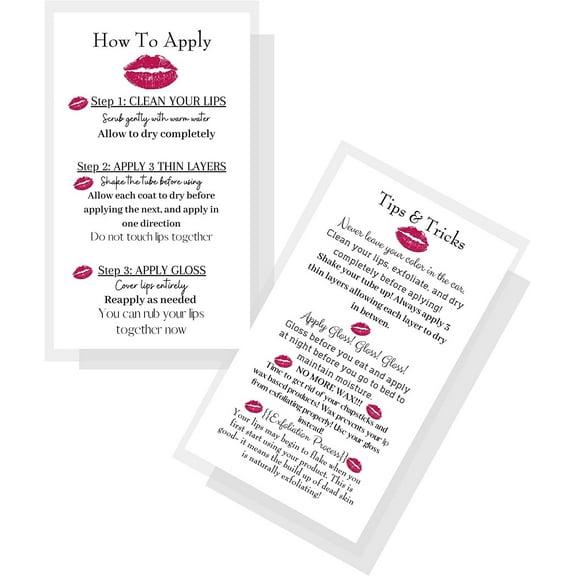 How To Apply LipSense/Tips and Tricks Cards  50 Pack  Double Sided 2x3.5" inches Business Cards  Application Instruction Card White with Red Lips Design