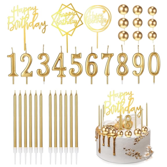Appoft 34 Pcs Happy Birthday Cake Toppers Decorations Birthday Candles DIY Cake Decor for Men Women Wedding Anniversary(Gold)