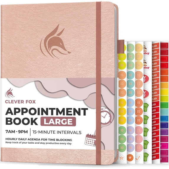 Appointment Book – Hourly Schedule Planner with 15-Minute Increments – Time Box Planner for Daily Work & To-Dos – Weekly & Monthly Spreads, Undated, Hardcover, 8.3x11″ (Rose Gold)