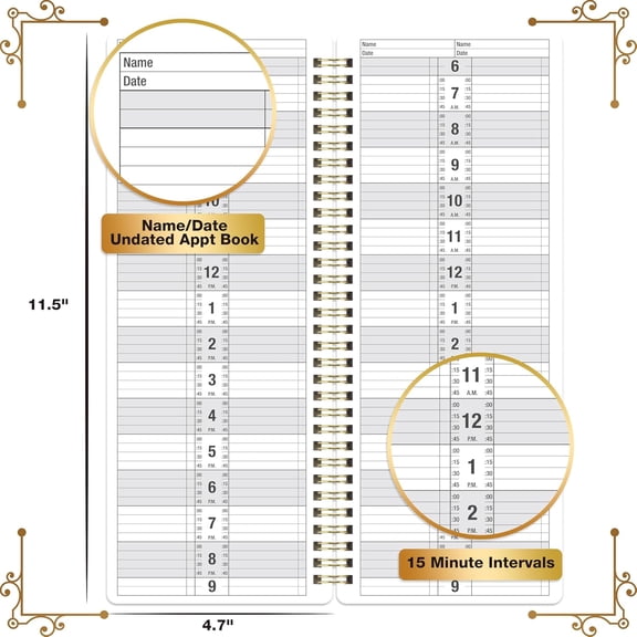 Appointment Book Undated Salon Appointment Book, 2 Column, 11.5" x 4.7", Daily/HourlyPlanner with 200 Pages, 6 AM - 9 PM, 15 Minute Intervals Day Planner, Twin-Wire Binding, Hardcover - Gray