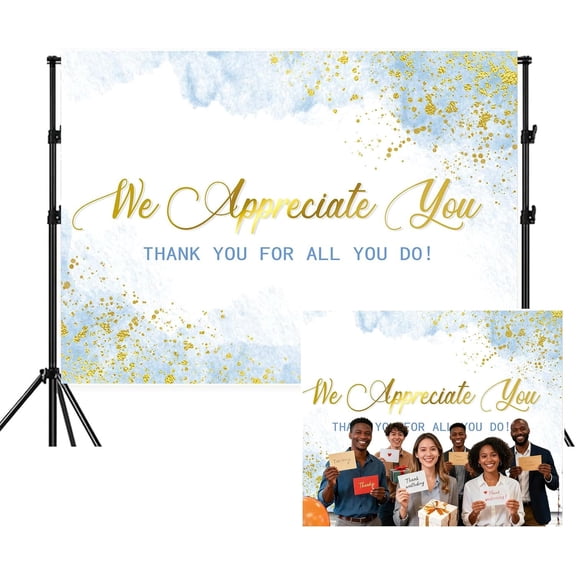 We Appreciate You Backdrop Watercolor Light Blue Gold Thank You for Your Do Background Be Thankful to Teacher Employee Staff Doctors Nurse Pastor Volunteer Party Decorations Banner Photo Booth Props