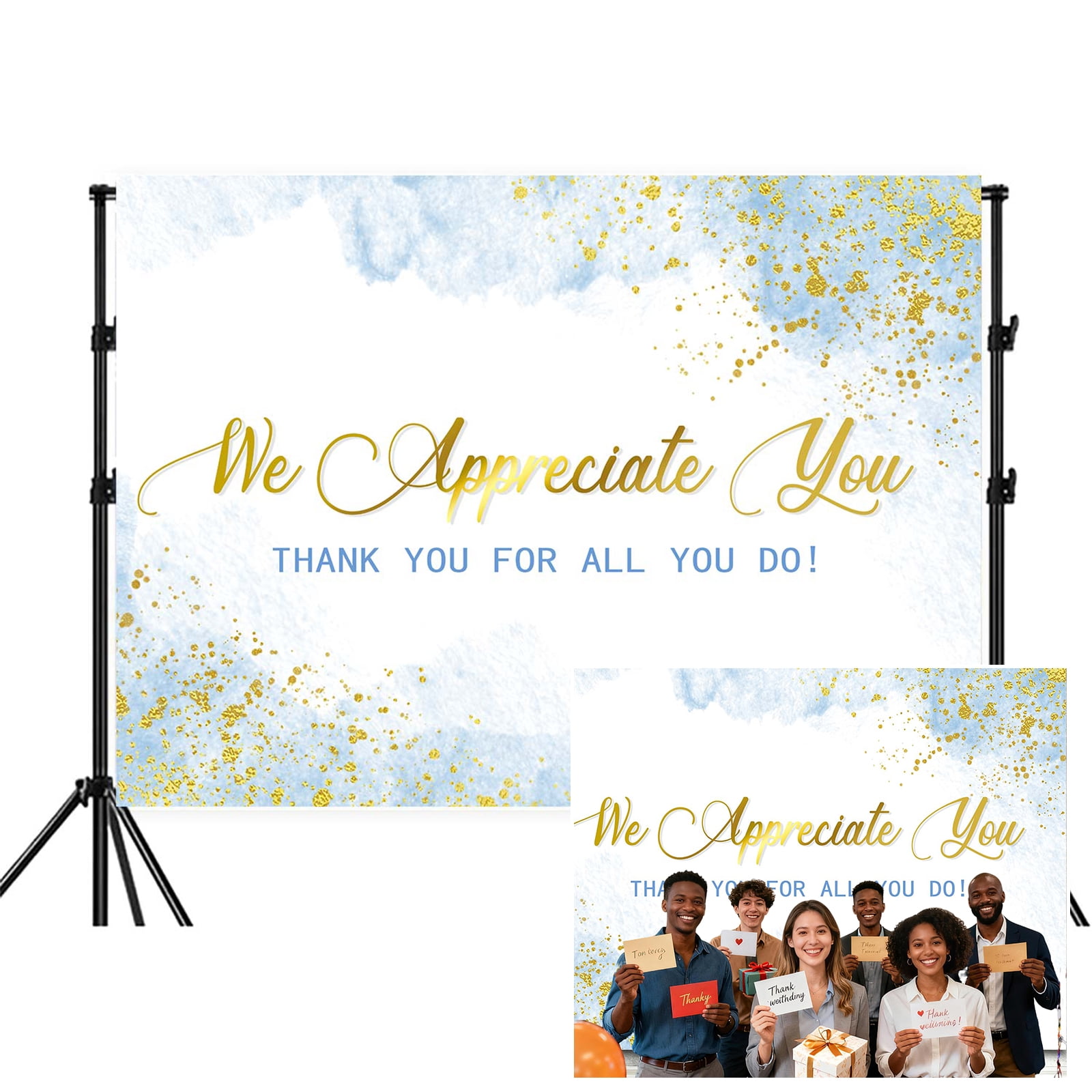 We Appreciate You Backdrop,Watercolor Light Blue Gold Thank You for ...