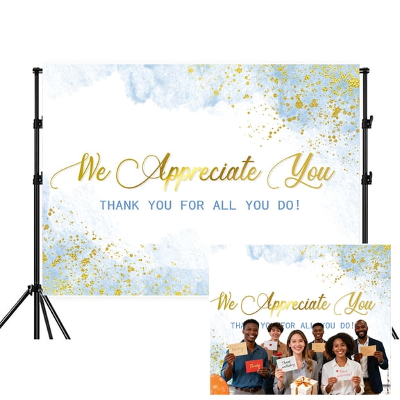 We Appreciate You Backdrop,Watercolor Light Blue Gold Thank You for Your Do Party Decorations,Be Thankful to Teacher Employee Staff Doctors Nurse Pastor Volunteer,7x5FT