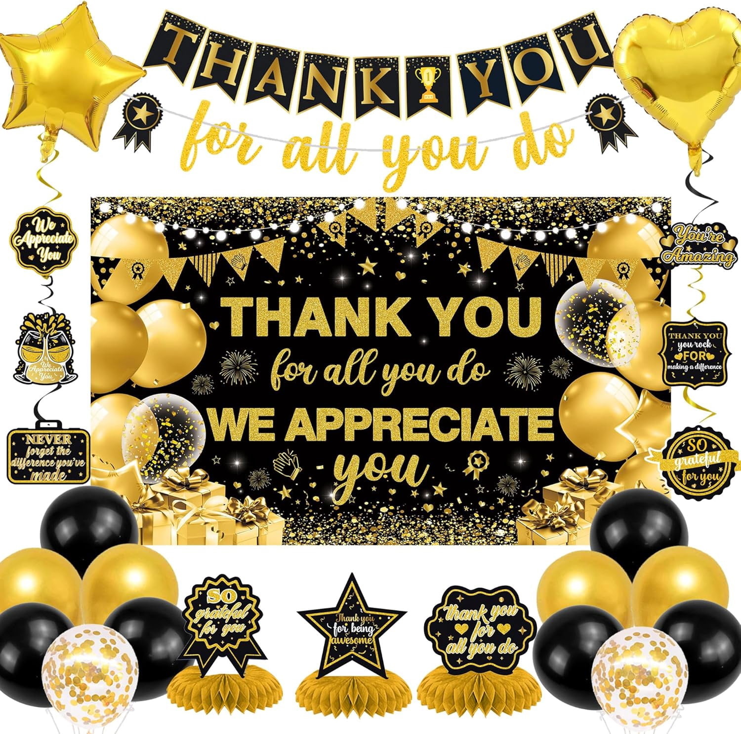 We Appreciate You Banner Decorations, Black Gold Thank You for All You ...