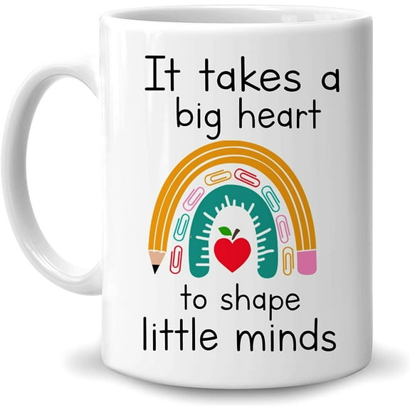 Appreciation Motivational Gifts for Teachers - Birthday Christmas Teacher's Day - It Takes A Big Heart To Shape Little Minds Rainbow 11oz White Ceramic Coffee Tea Mug for Men Women Coworker