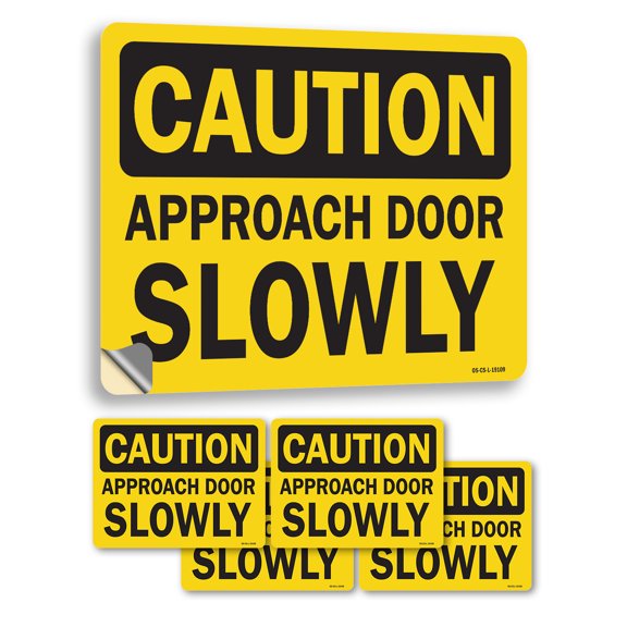 Approach Door Slowly OSHA Caution Vinyl Decal Label 5 Inch x 3.5 Inch - 5 Pack
