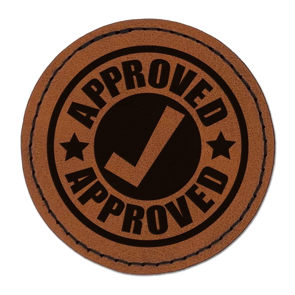 Approved Check Mark 2.5" Faux Leather Round Engraved Iron-On Patch - Brown