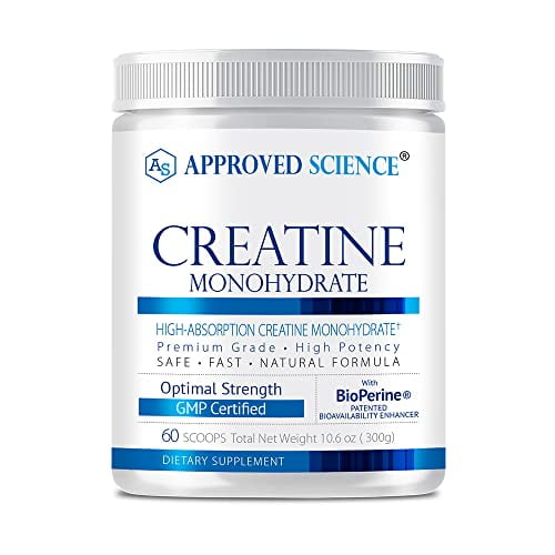 Approved Science Creatine Monohydrate Powder with BioPerine - Supports Lean Muscle Growth and Recovery - 60 Servings - 5g Per Serving - Unflavored - Non-GMO, Vegan