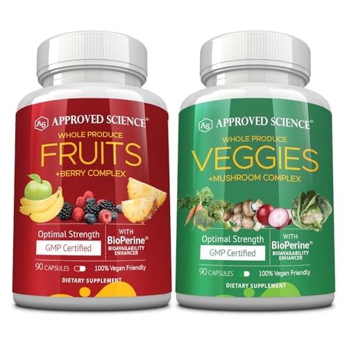 Approved Science Fruits & Veggies - 42 Whole Fruit and Veggie Supplement - Enhanced Health & Vitality - Daily Natural Vitamins, Minerals, Antioxidants - 90 Capsules Each - 1-Month Supply