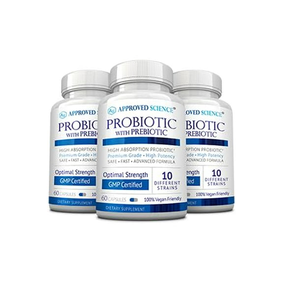 Approved Science Probiotic with Prebiotic - 10 Strains - 25 Billion CFU - 3 Bottles - Vegan