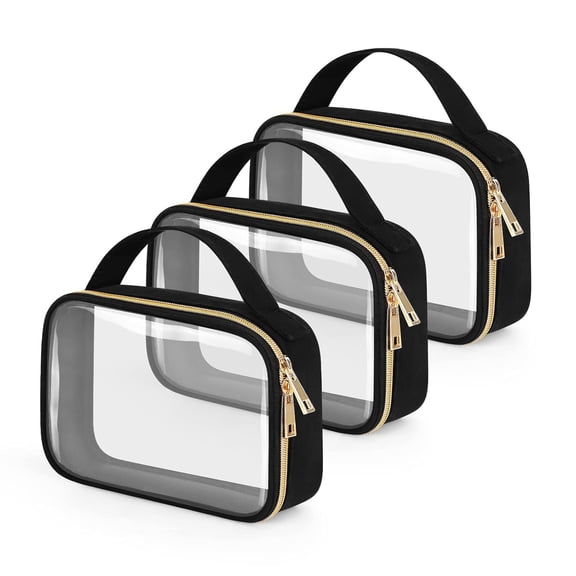 TSA Approved Toiletry Bag, 3 Pack Clear Makeup Bags with Handles, Quart Size Clear Toiletry Bags, PVC Cosmetic Bags for Women and Men, Carry on Airport Airline Compliant Bag, Black