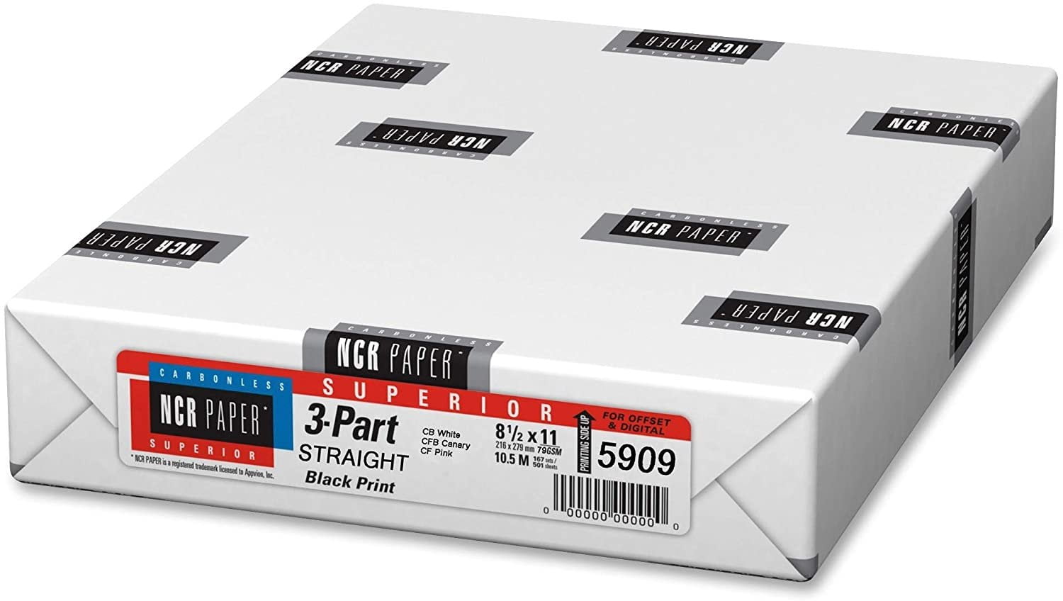 NCR Appvion 5909 Straight Paper, 3-Part, 92GE, 8-1/2-Inch x11-Inch, 500 Sheets, 500 Count, 1 Pack