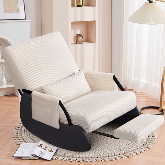 AprLeaf low Rocking Recliner Chair with Adjustable Backrest and Retractable Footrest, Wide Corduroy Lounge Chair with Side Pockets, 350 lb Capacity,for woman,Beige