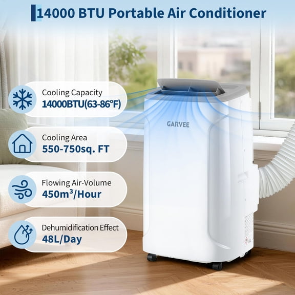 Aprafie 14,000 BTU Portable Air Conditioner wth Remote Control & LED Touch Panel, Window Kit, Cools up to 750 Sq.ft, 115V, White/Gray