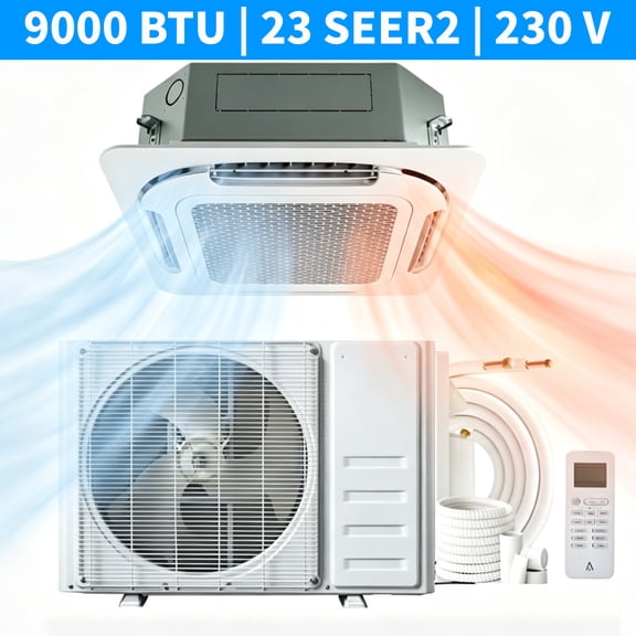 Aprafie 9000 BTU Ceiling Cassette Mini Split, Smart Ceiling Air Conditioner with Heat Pump, Auto Defrost & Turbo Mode, 23 SEER2 Inverter, 230V, White