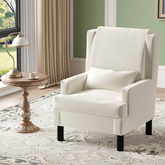 Aprafie Ergonomic Wingback Chair, 20.7" High Back Accent Chair with Ultra-Thick Cushion, Solid Wood Arms & Legs for Living Room, Bedroom, Reading Nook, White